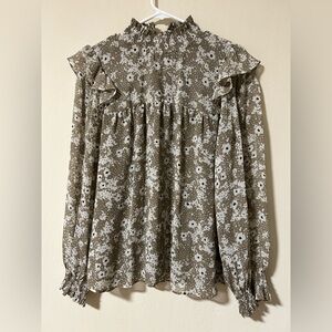 Ann Taylor Factory Floral Ruffle Blouse - Tan and White